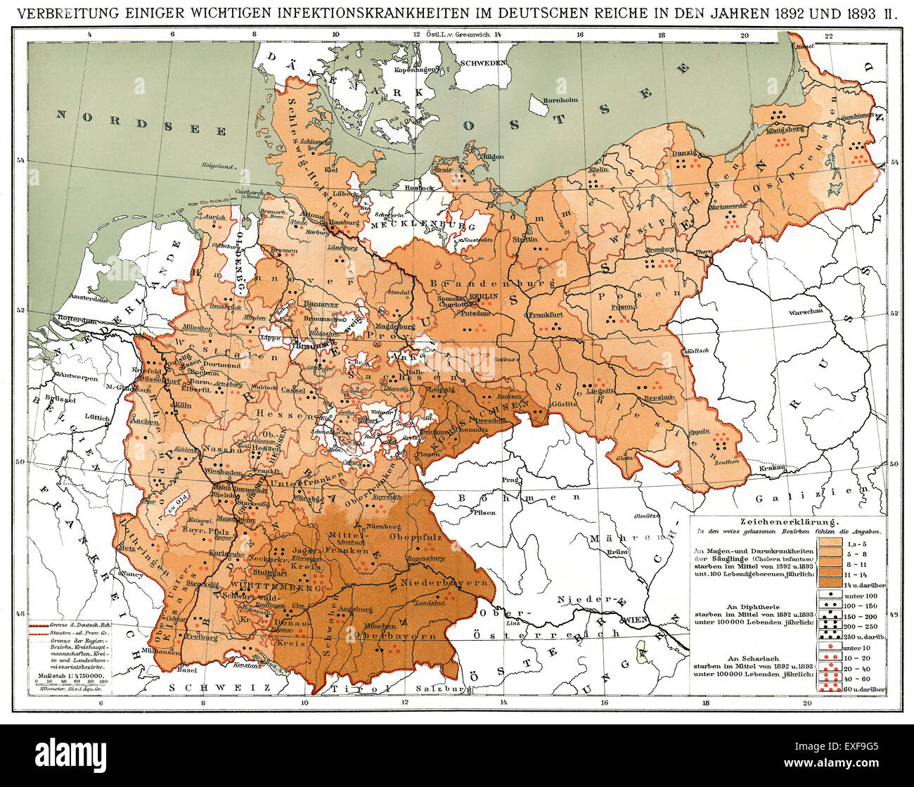 Historische Karte, die Ausbreitung von Infektionskrankheiten im Deutschen Reich in den Jahren 1892 und 1893 Stockfoto