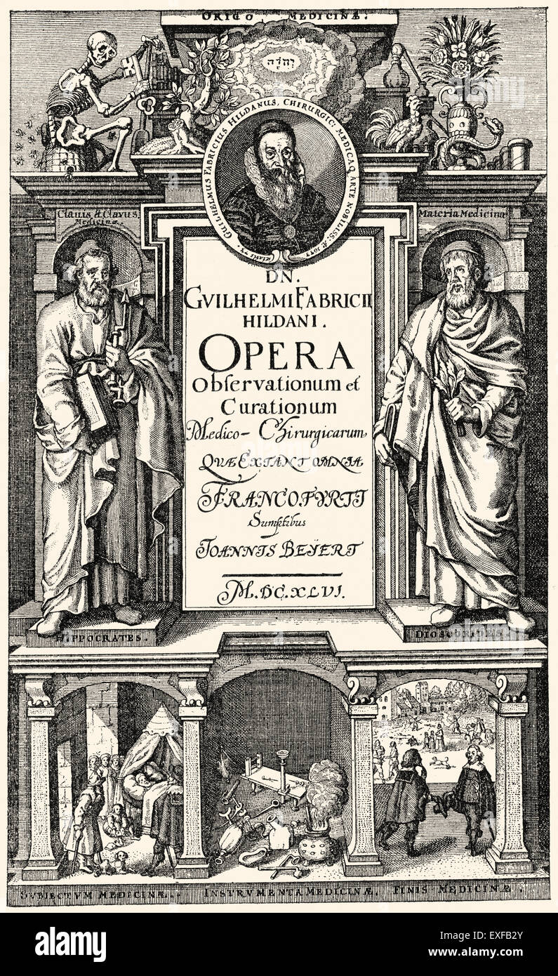 Titelseite des Buches medizinische: Observationum et Curationum Chirurgicarum Centuriae, von Wilhelm Fabry oder William Fabry, Stockfoto