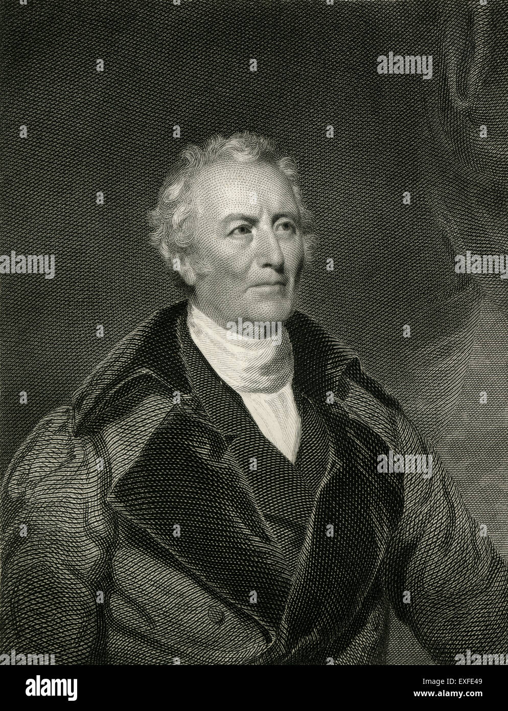 Antike c1860 Gravur, John Trumbull. John Trumbull (1756-1843) war ein amerikanischer Künstler in der Zeit des amerikanischen Unabhängigkeitskrieges und zeichnete sich durch seine historische Gemälde. Seine Declaration of Independence (1817) wurde auf der Rückseite der 2-Dollar-Rechnung verwendet. Stockfoto