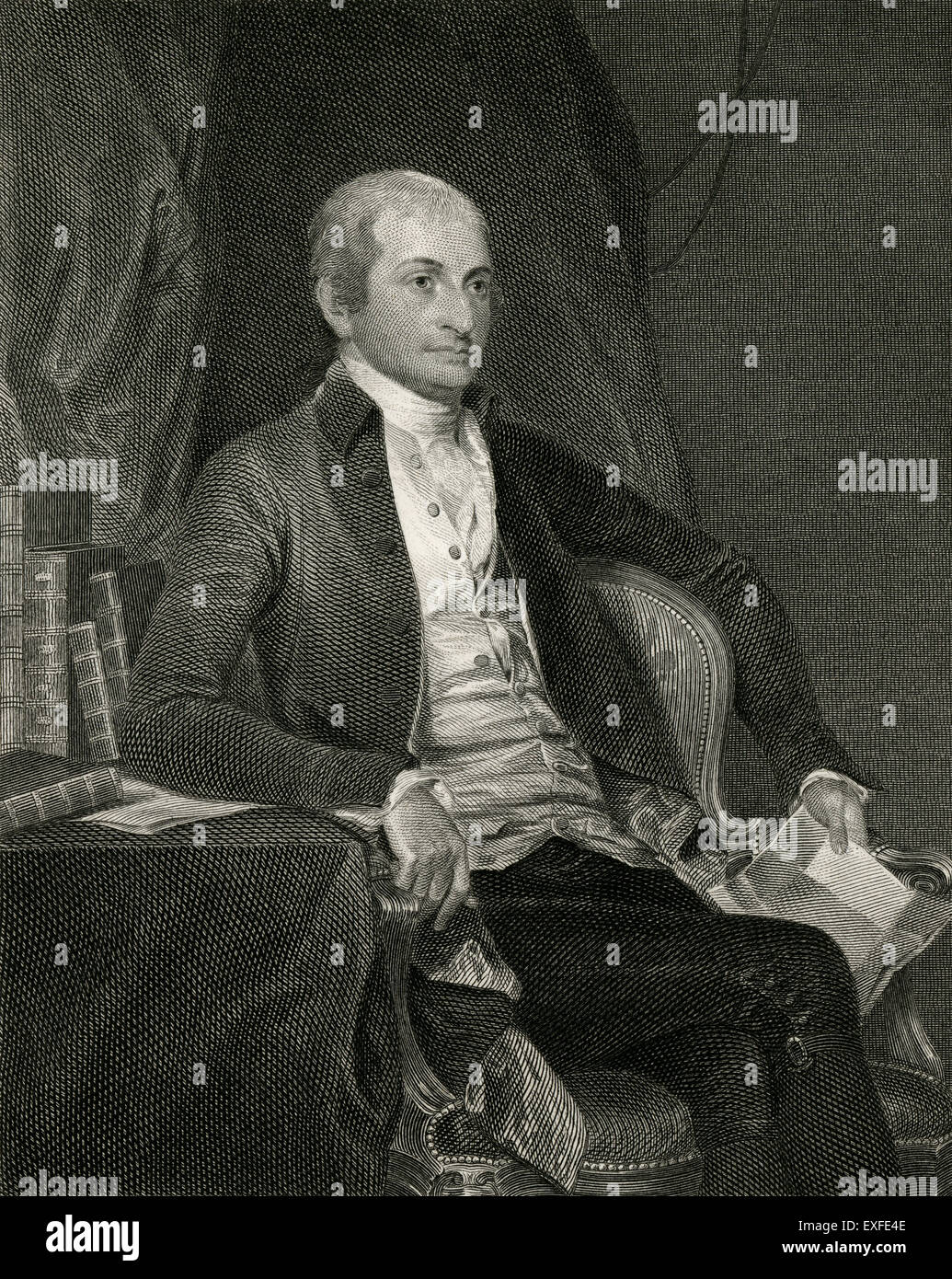 Antike c1860 Gravur, John Jay. John Jay (1745-1829) war ein amerikanischer Staatsmann, Patriot, Diplomat, einer der Gründerväter der Vereinigten Staaten, Unterzeichner des Vertrags von Paris, und erste Oberrichter der Vereinigten Staaten (1789Ð95). Stockfoto