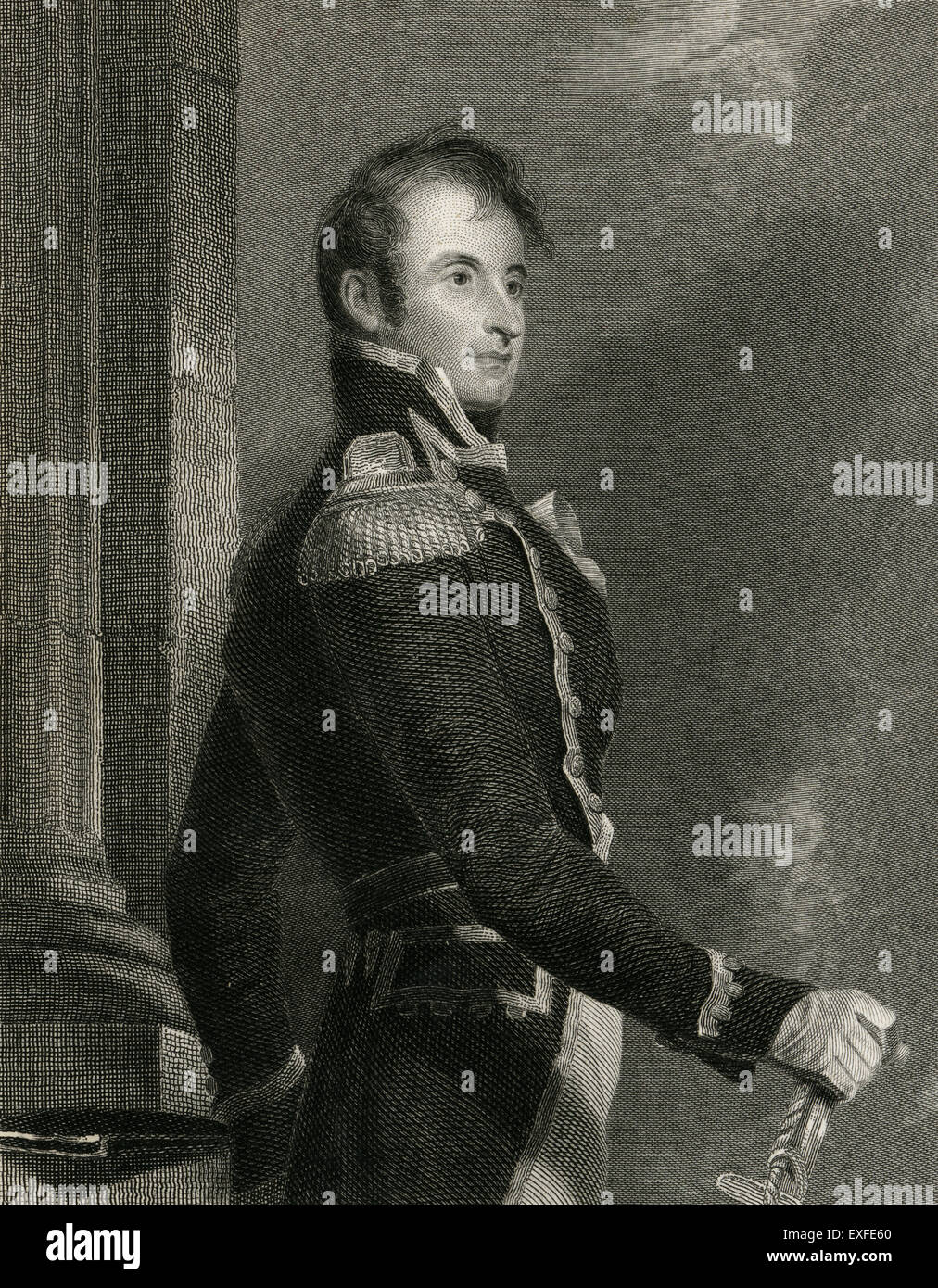 Antike c1860 Gravur, Stephen Decatur. Stephen Decatur Jr. (1779-1820) war ein Vereinigte Staaten Marine-Offizier und Commodore bekannt für seine vielen Marine Siege im frühen 19. Jahrhundert. Stockfoto
