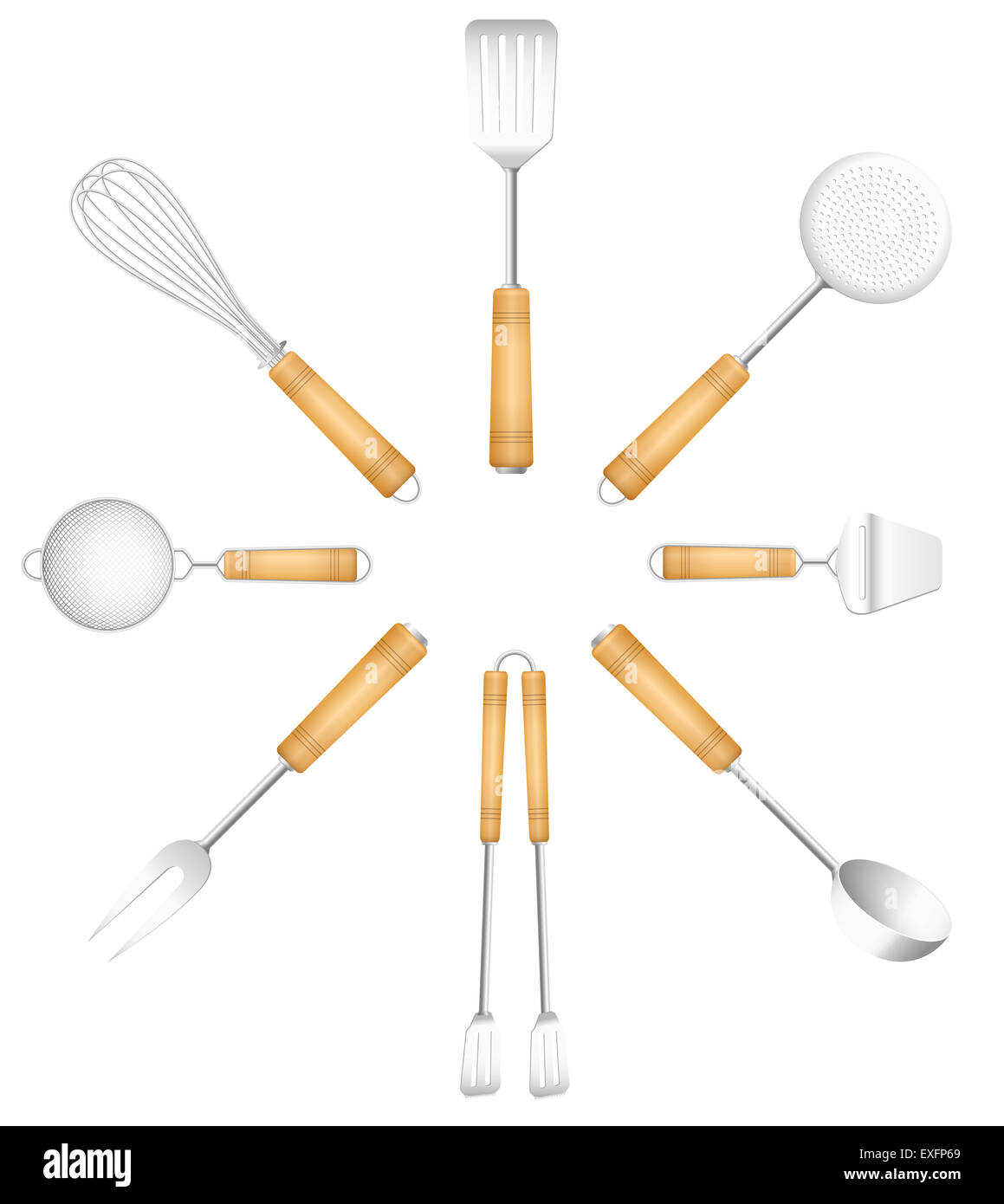 Küchengeräte in einem Kreis - Skimmer, Sieb, Spatel, Gabel, Käsehobel, Zangen, Sieb, Schneebesen. Stockfoto