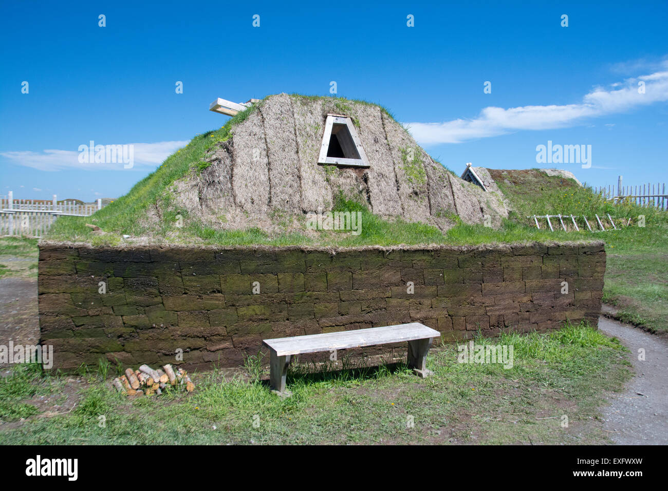 Ein Blick auf die neu erstellte Wikinger-Siedlung in l ' Anse Aux Meadows. Stockfoto