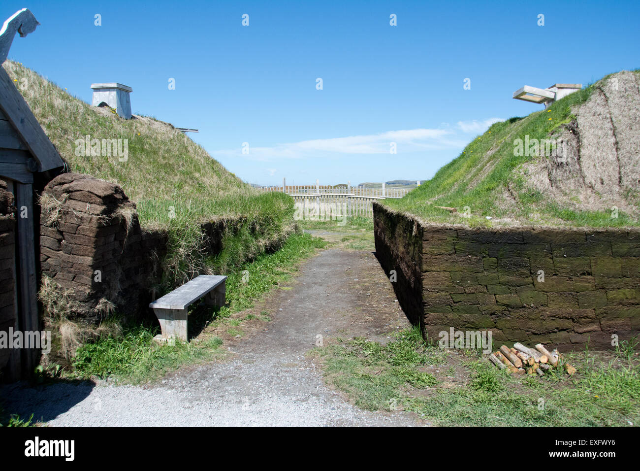 Ein Blick auf die neu erstellte Wikinger-Siedlung in l ' Anse Aux Meadows. Stockfoto