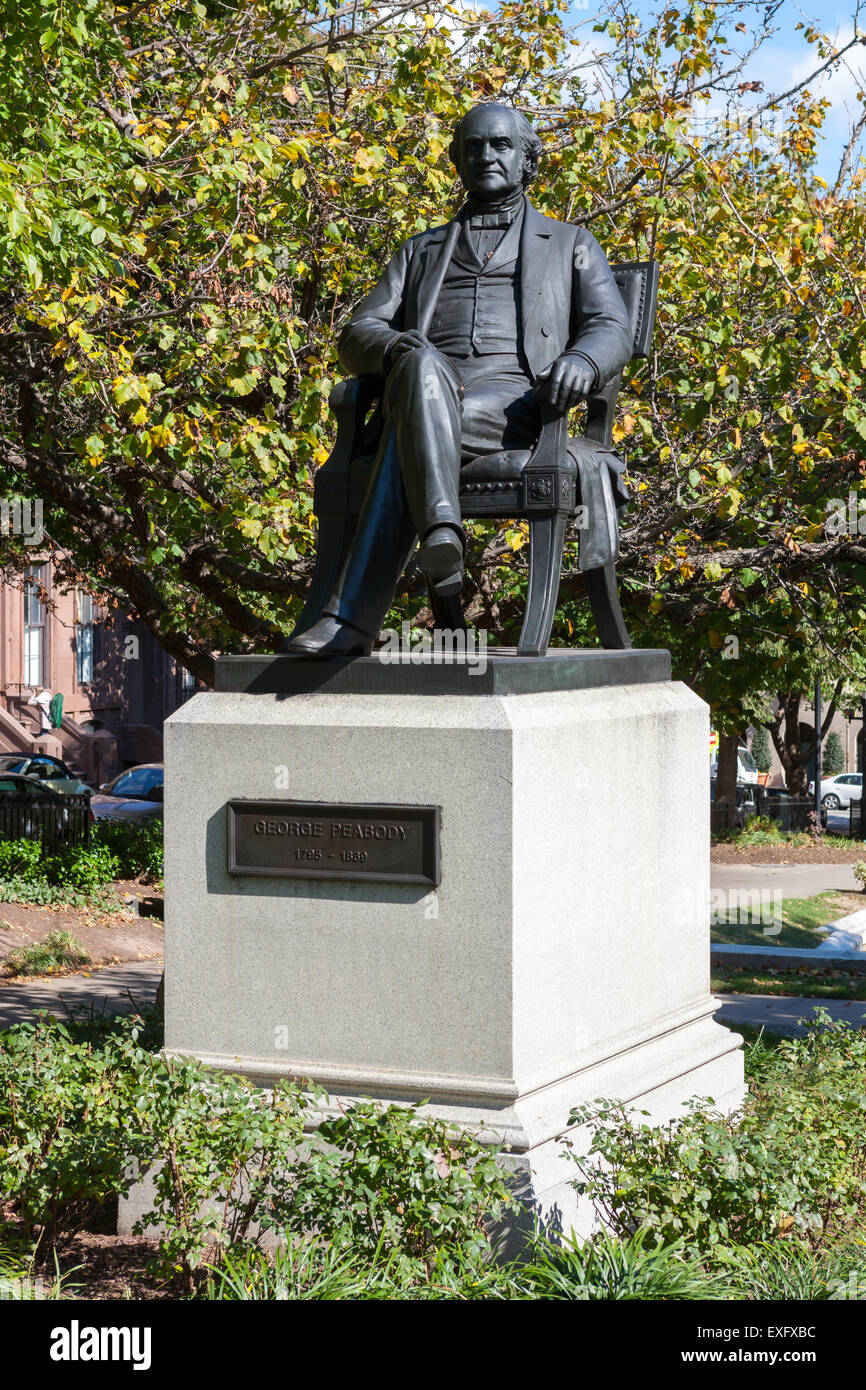 Eine Bronzestatue von George Peabody in den Osten Garten von Mount Vernon Place in Baltimore, Maryland. Stockfoto