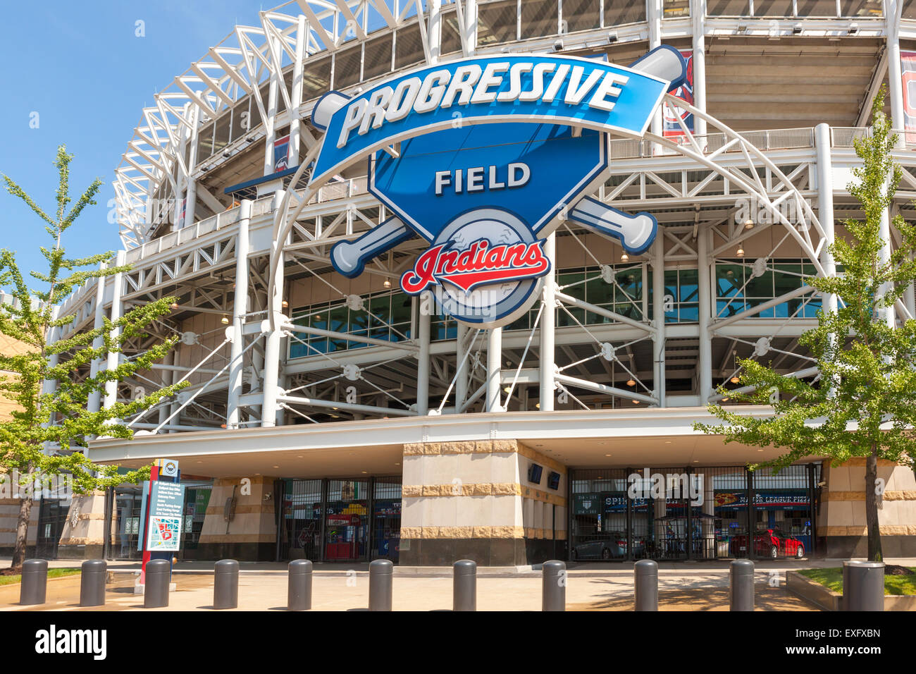 Ein Blick auf Progressive Field, der Heimat von den Cleveland Indians aus Ontario Street in Cleveland, Ohio. Stockfoto