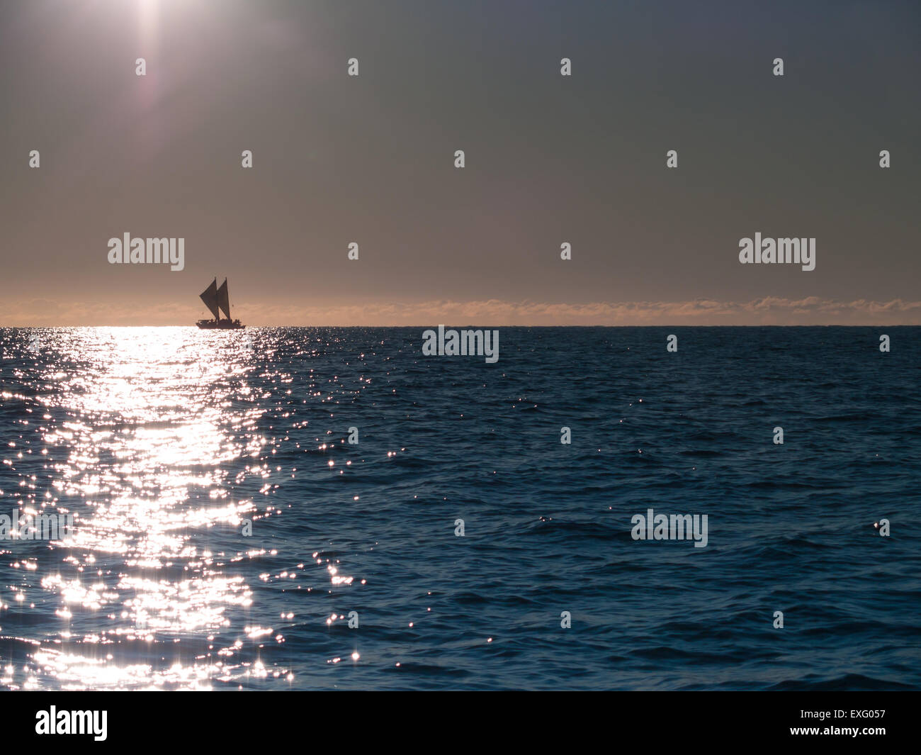 Maori Segeln Waka Tauranga Küste am Horizont bald nach Sonnenaufgang. Stockfoto