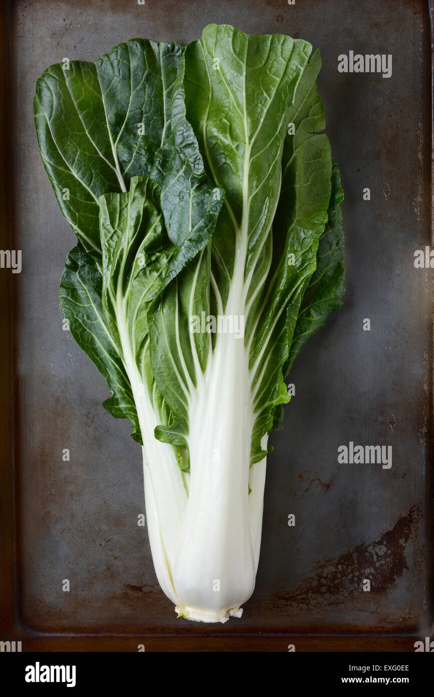 Bok Choy Stilleben auf eine gebrauchte Metall Backblech legen. Hochformat. Stockfoto