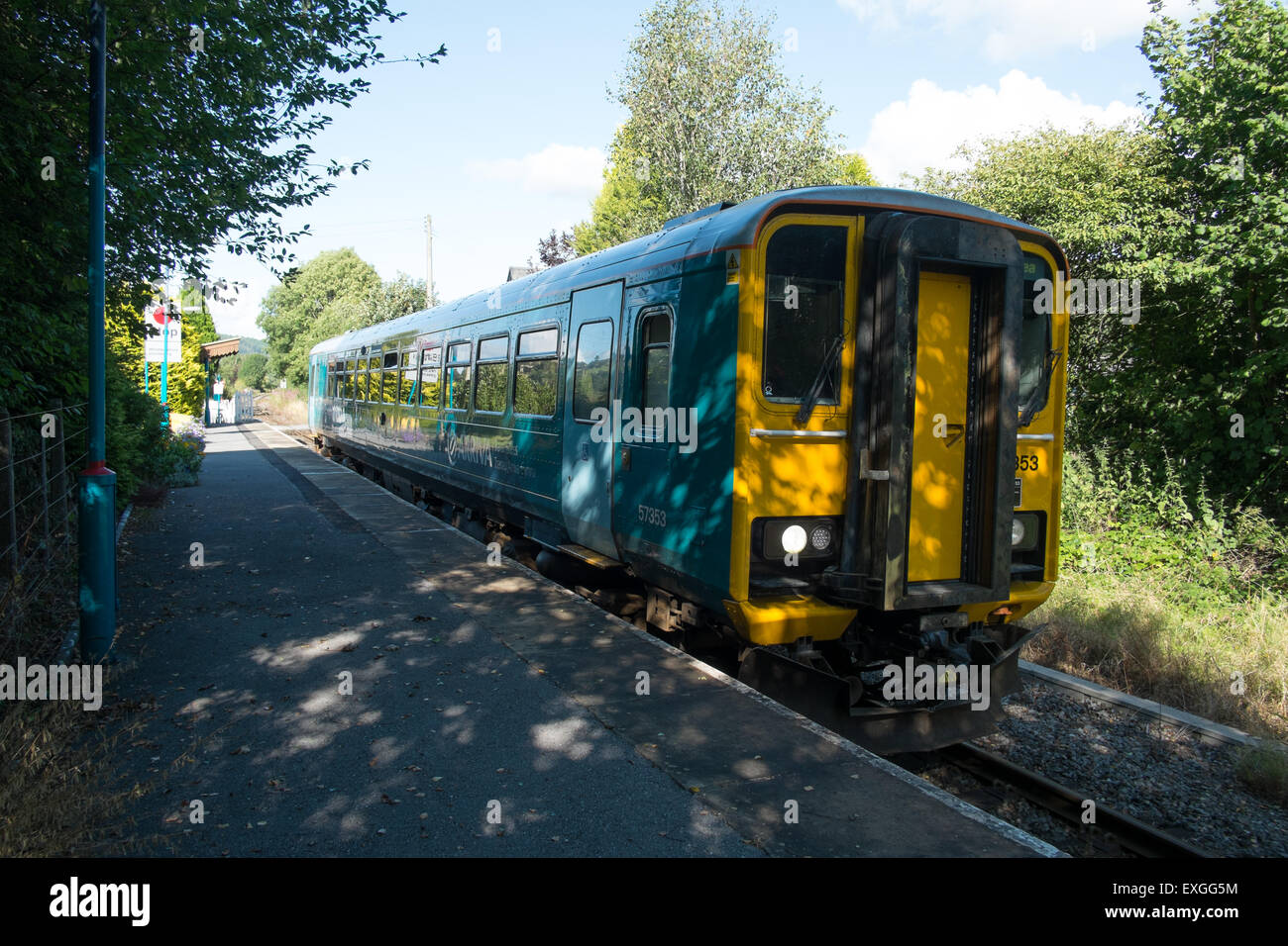 Zug am Bahnhof von Llanwrda Stockfoto
