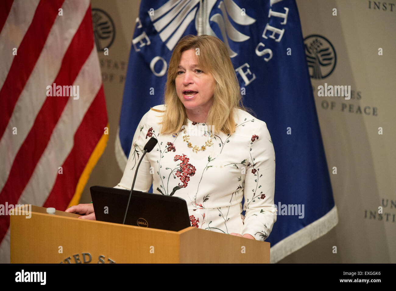 Dr. Ellen Stofan, wissenschaftlicher Leiter, NASA, gezeigt, dass die Arten von Informationen, die die Erde Exchange globale tägliche heruntergerechnet Projektionen (NEX-sind) Dataset zur Verfügung stellt, um Entwicklungsländern zu helfen ihre Klima-Widerstandsfähigkeit auf Dienstag, 9. Juni 2015 auf dem US Institute of Peace in Washington, DC voraus. NASA veröffentlicht als Teil der internationalen öffentlich-Private Partnerschaft befähigen klimaresistenten Entwicklung von Nationen das neue NEX-sind Dataset, das Tagesleistungen herunterskalierten Klima-Modell für jedes Land in der Welt zur Verfügung stellt. Stockfoto