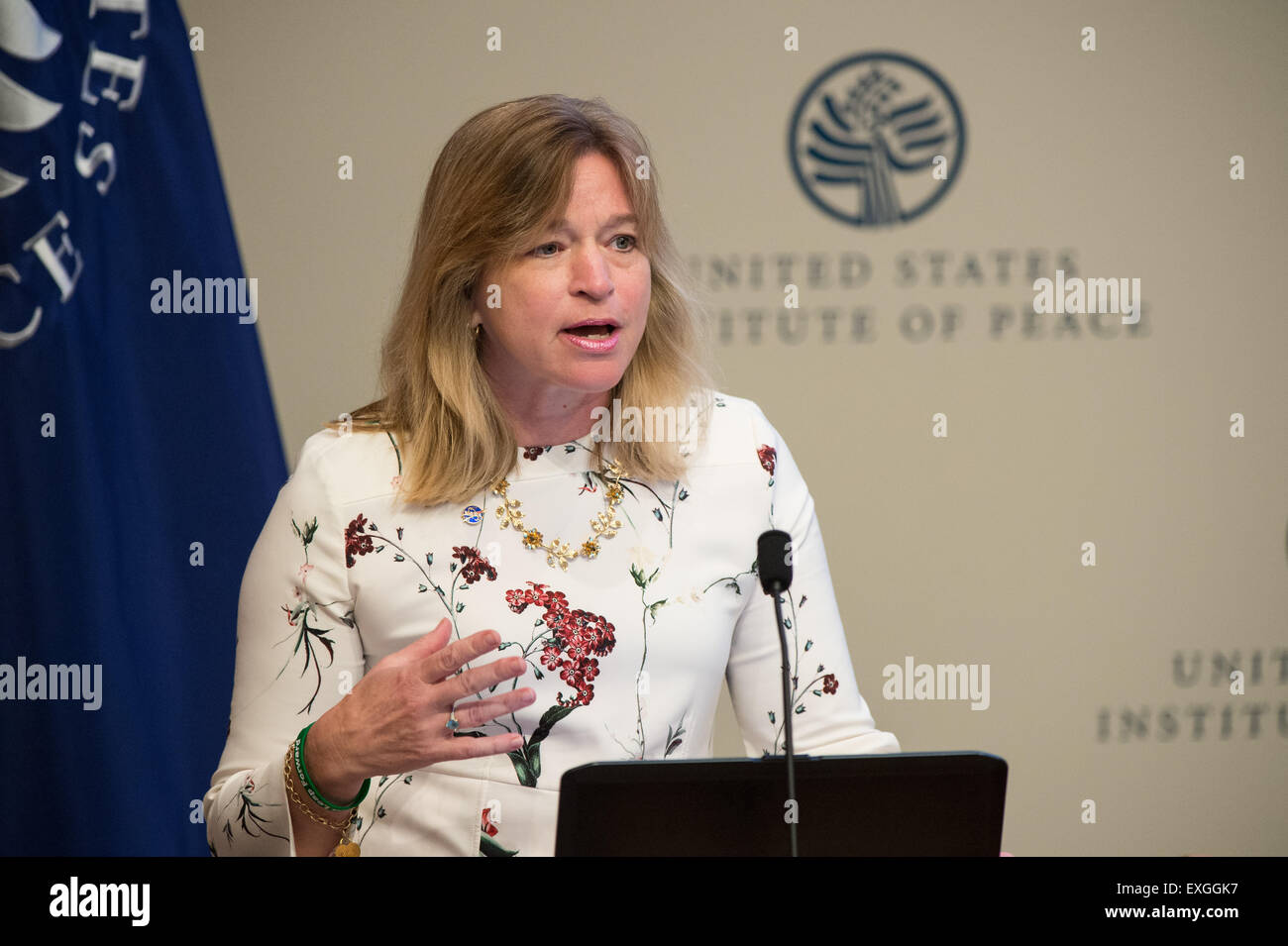 Dr. Ellen Stofan, wissenschaftlicher Leiter, NASA, gezeigt, dass die Arten von Informationen, die die Erde Exchange globale tägliche heruntergerechnet Projektionen (NEX-sind) Dataset zur Verfügung stellt, um Entwicklungsländern zu helfen ihre Klima-Widerstandsfähigkeit auf Dienstag, 9. Juni 2015 auf dem US Institute of Peace in Washington, DC voraus. NASA veröffentlicht als Teil der internationalen öffentlich-Private Partnerschaft befähigen klimaresistenten Entwicklung von Nationen das neue NEX-sind Dataset, das Tagesleistungen herunterskalierten Klima-Modell für jedes Land in der Welt zur Verfügung stellt. Stockfoto