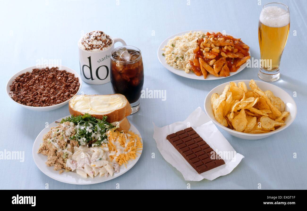 Frühstück, Hauptgericht, Snacks, Schokolade und Erfrischungen Stockfoto