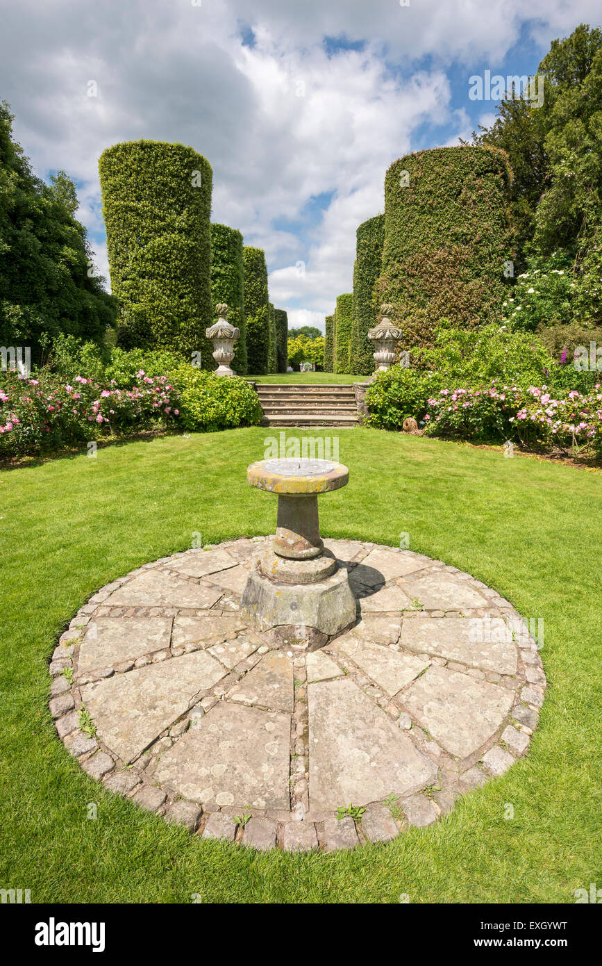 Abgeschnittene Steineichen unten die Schritte in einem Rosengarten mit Sonnenuhr Arley Hall Gardens in Cheshire, England zu führen. Stockfoto