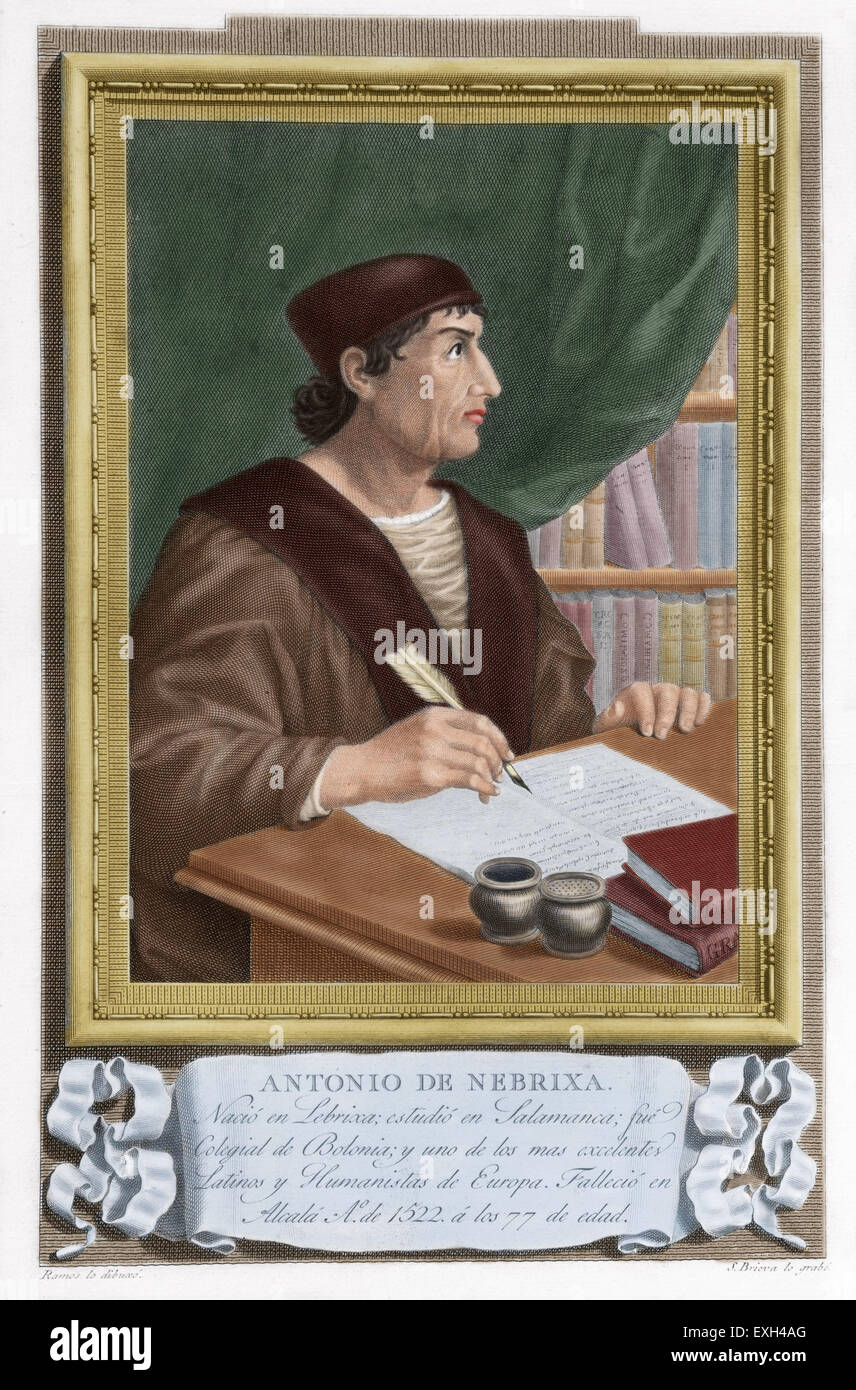 Antonio de Nebrija (1441-1522). Spanische Wissenschaftler, Historiker, Pädagoge und Dichter. Gravur. Farbige. Stockfoto