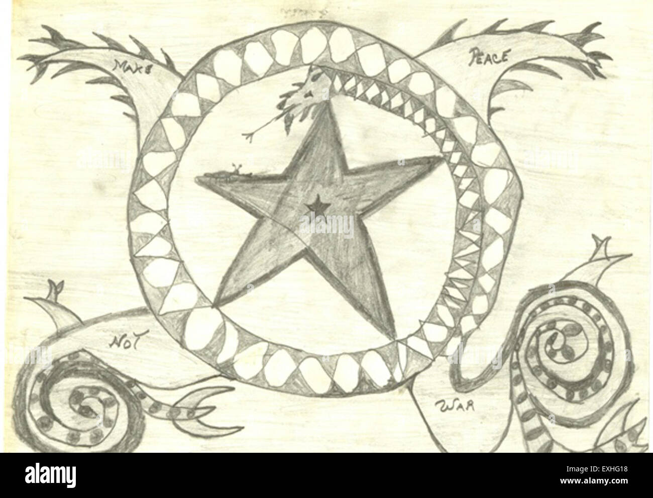 Dieses Kunstwerk mit dem Titel „Make Peace not war“ von Elkhart betont soziale Themen und Friedensförderung. Das Stück verwendet einfache, aber wirkungsvolle Symbolik, um die Botschaft des Friedens und der Konfliktlösung zu vermitteln. Stockfoto