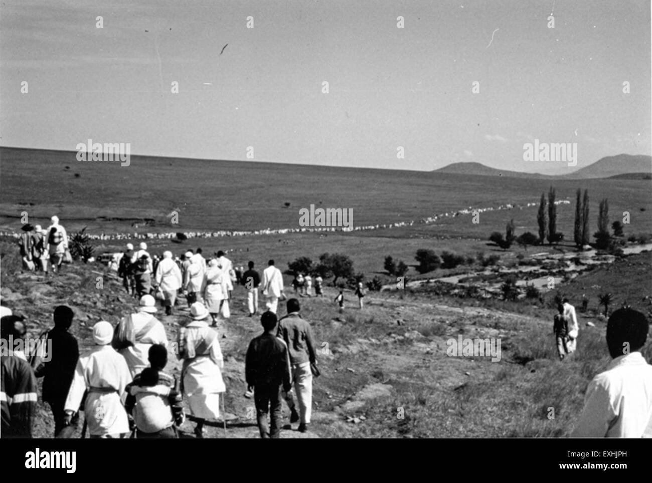 Ein Foto, auf dem Mitglieder der Afrikanischen Independent Church zu einem Fluss zur Taufe gehen, einem wichtigen religiösen Ritual. Das Bild fängt die Feierlichkeit und den Gemeinschaftsgeist ein, die mit dieser kulturellen und religiösen Praxis verbunden sind. Stockfoto