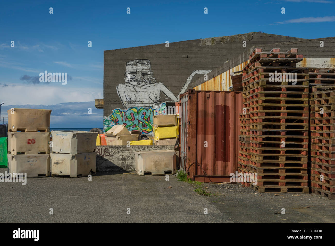 Rückseite des Fisch Einfrieren Fabrik, Grundarfjordur, Island Stockfoto