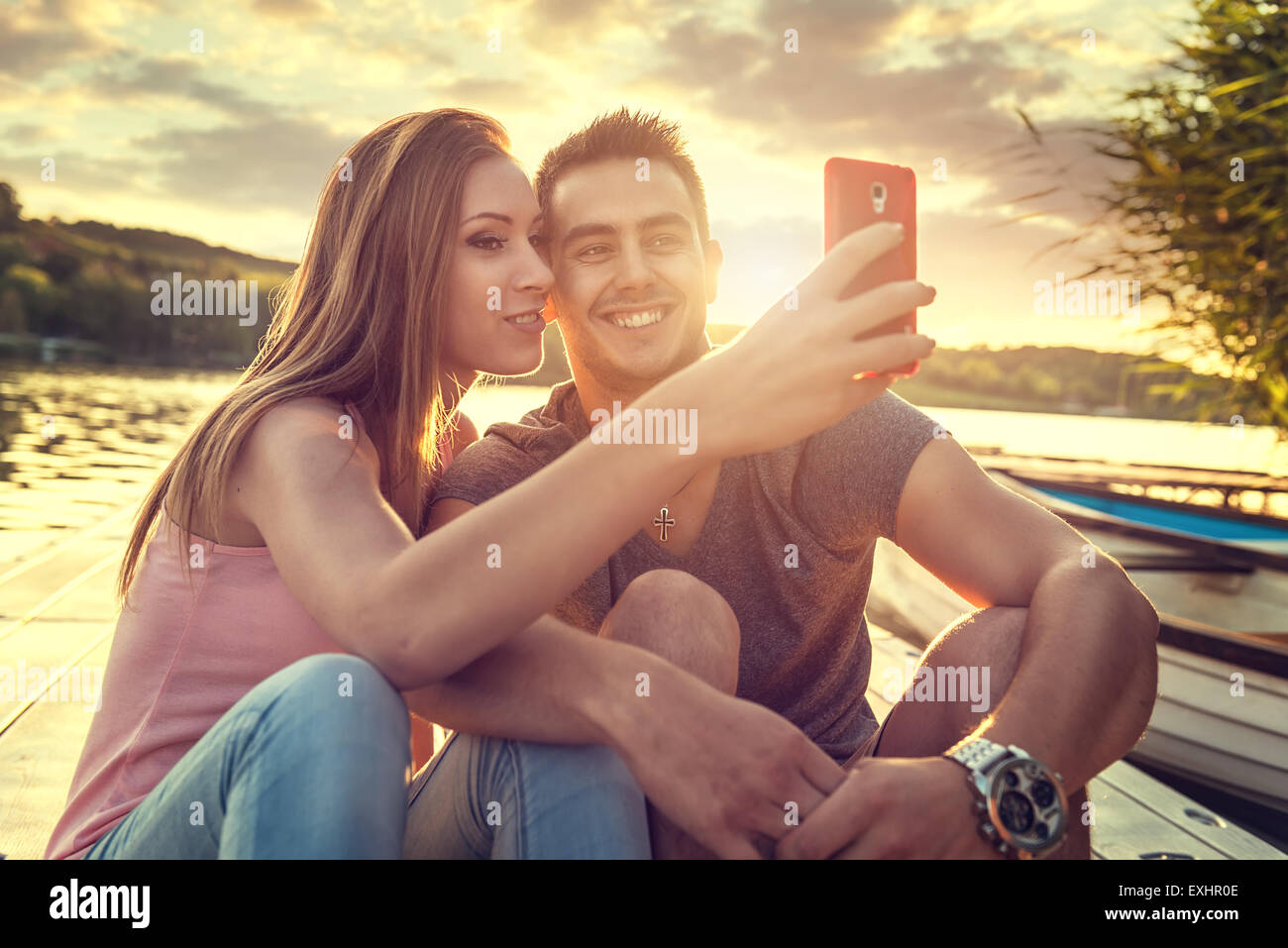 Liebe paar lächelnd, Nahaufnahme selfie Stockfoto