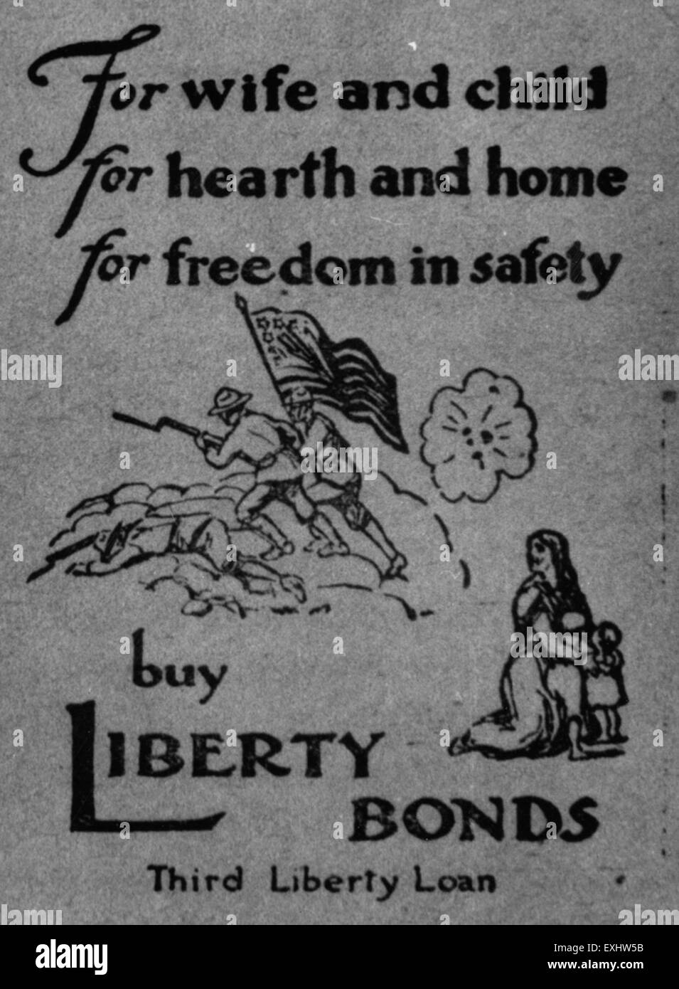 Diese Anleihenwerbung aus dem Ersten Weltkrieg von *Hillsboro Vorwärts* fördert den Verkauf von Kriegsanleihen zur Unterstützung der US-Militäranstrengungen. Der Vintage-Werbespot spiegelt den Propagandastil wider, der während des Krieges verwendet wurde, um die Öffentlichkeit zur Teilnahme an den Kriegsanstrengungen zu ermutigen. Stockfoto