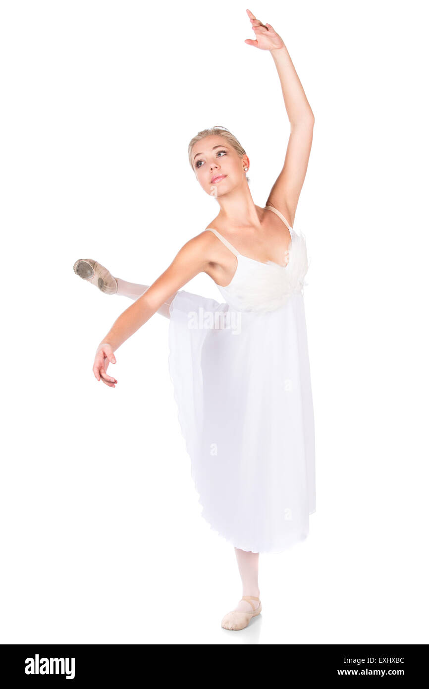 Schönen weiblichen Balletttänzer isoliert auf einem weißen Hintergrund. Ballerina trägt ein weißes Kleid gefiederten und Spitzenschuhe. Stockfoto