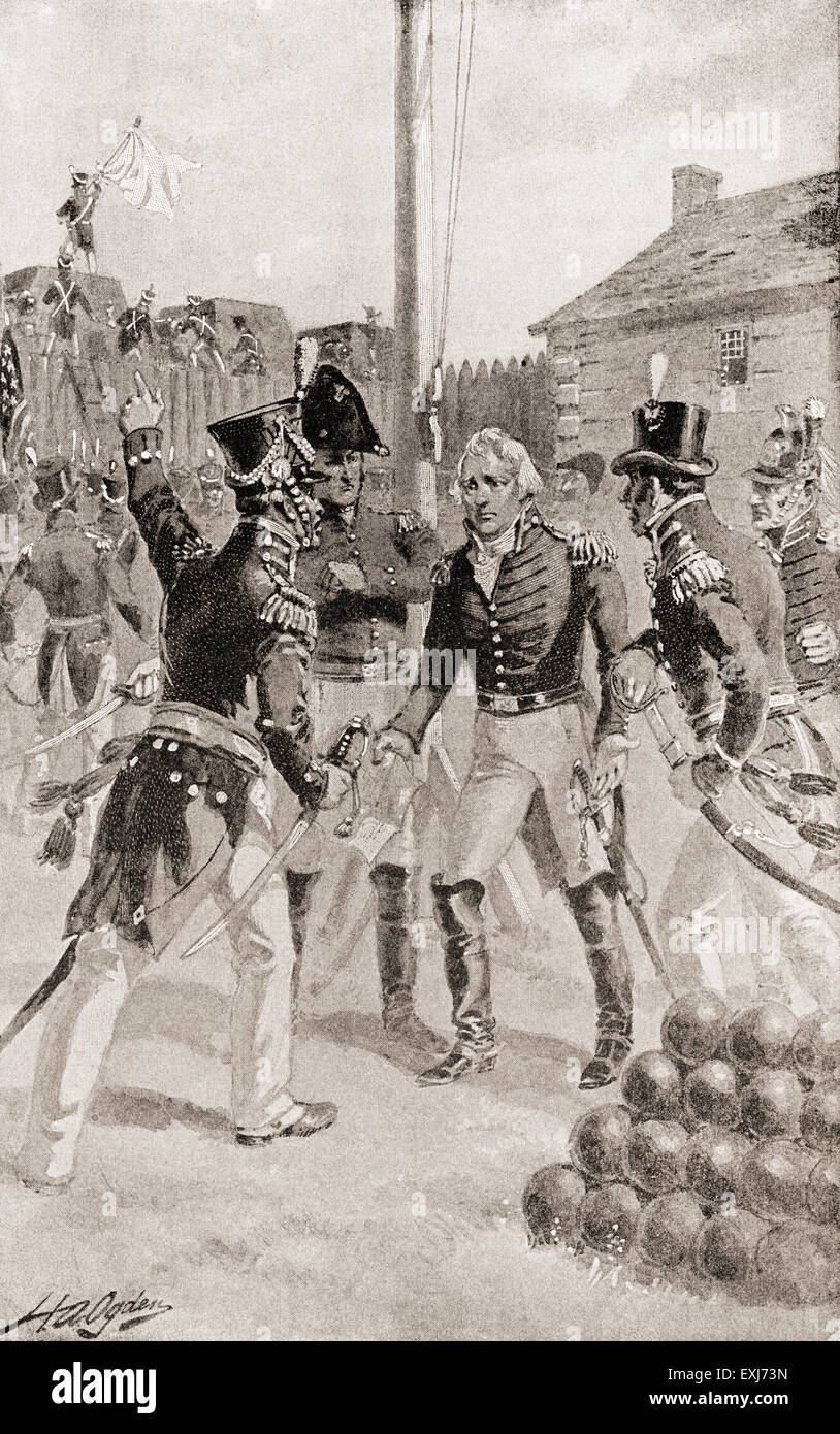 Brigadegeneral William Hull kapituliert die Festung und Stadt von Detroit, Michigan, Amerika während der Belagerung von Detroit, aka die Kapitulation von Detroit, oder die Schlacht von Fort Detroit, ein frühzeitiges Engagement im Anglo-American Krieg von 1812. Stockfoto