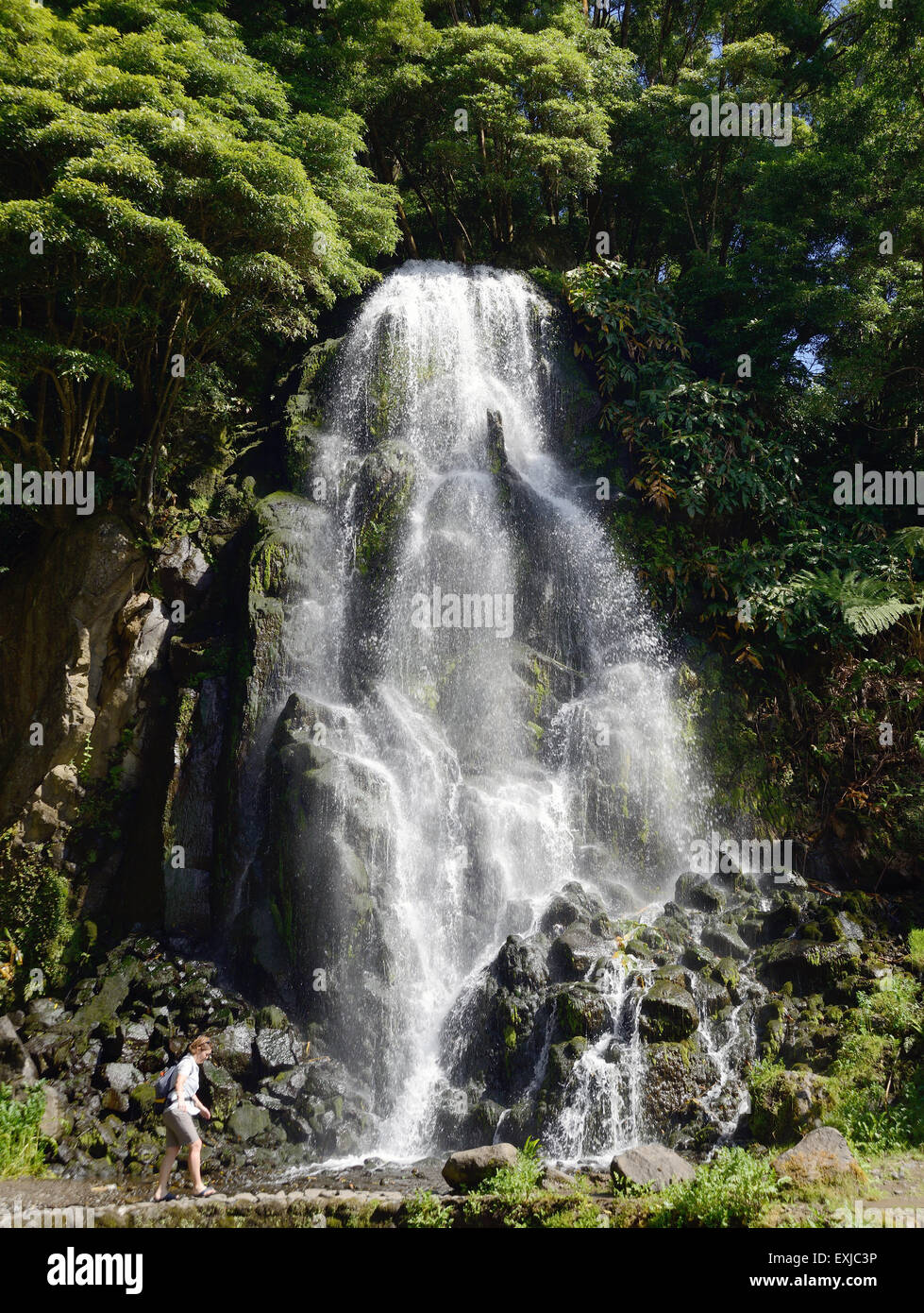 Der Wasserfall bei Ribeira Dos Caldieroes Sao Miguel Azoren Stockfoto