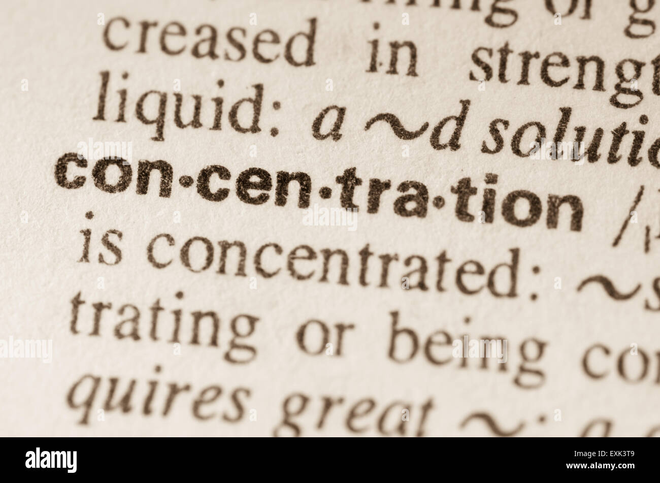 Definition des Wortes Konzentration im Wörterbuch Stockfoto