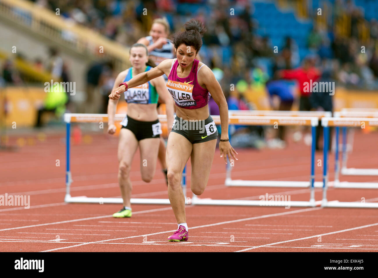 Yasmin Müller Frauen 100m Hürden Heizen 4 2014 Sainsbury britischen Meisterschaften Birmingham Alexander Stadion UK Stockfoto