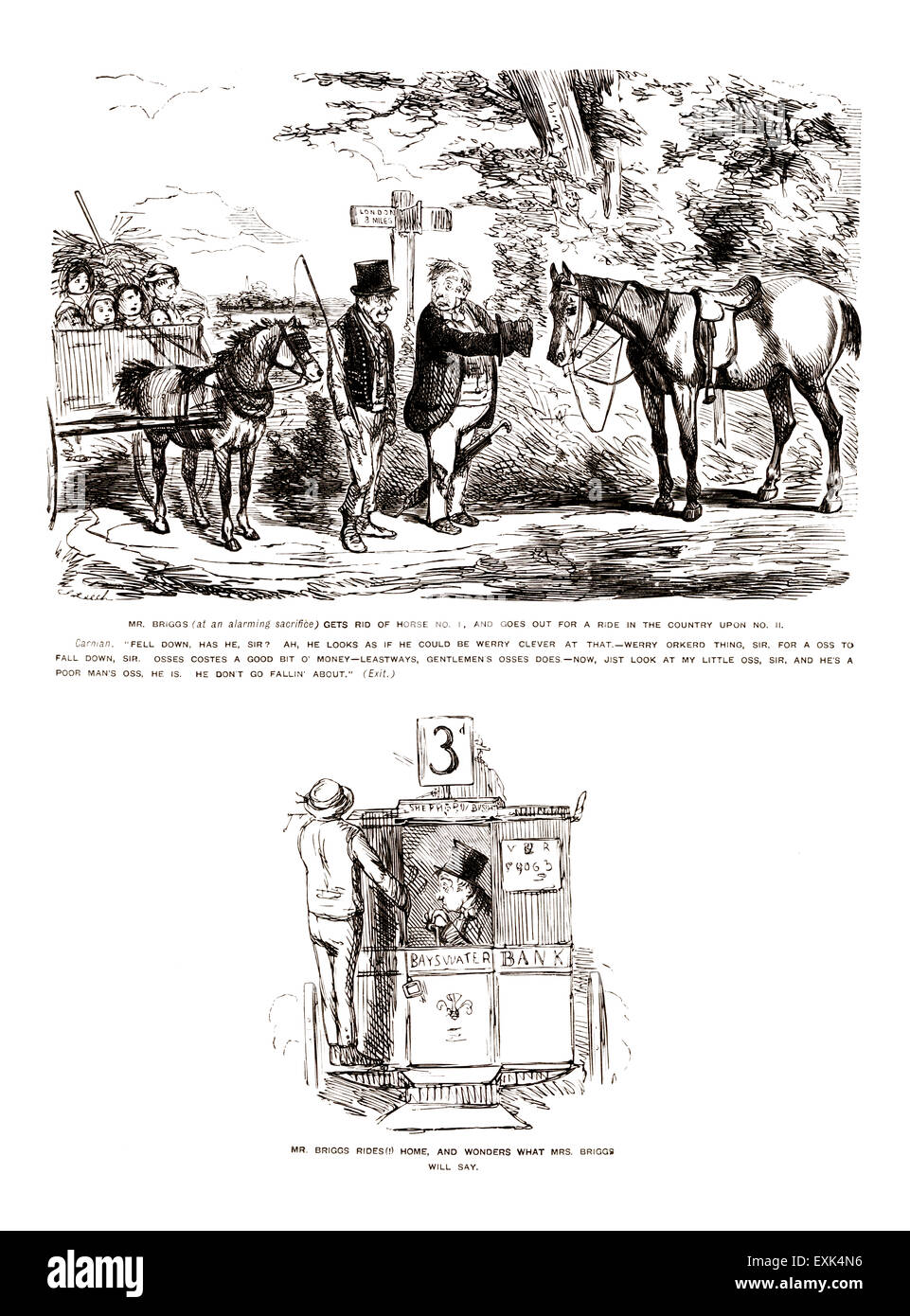 Ganze Seite amüsant viktorianischen Abbildung von 1849 von John Leech, (1817-1864) "Herr Briggs Freuden der Pferdehaltung No. 6 und 7 Stockfoto