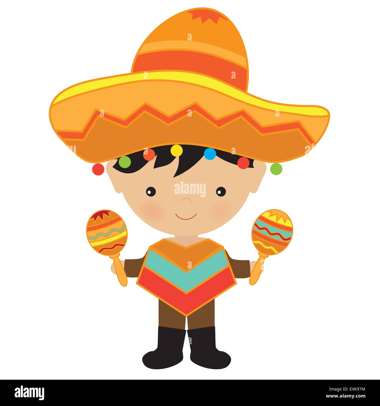 Fiesta, junge, Maracas, Sombreros, Poncho, Vektor Stock Vektor