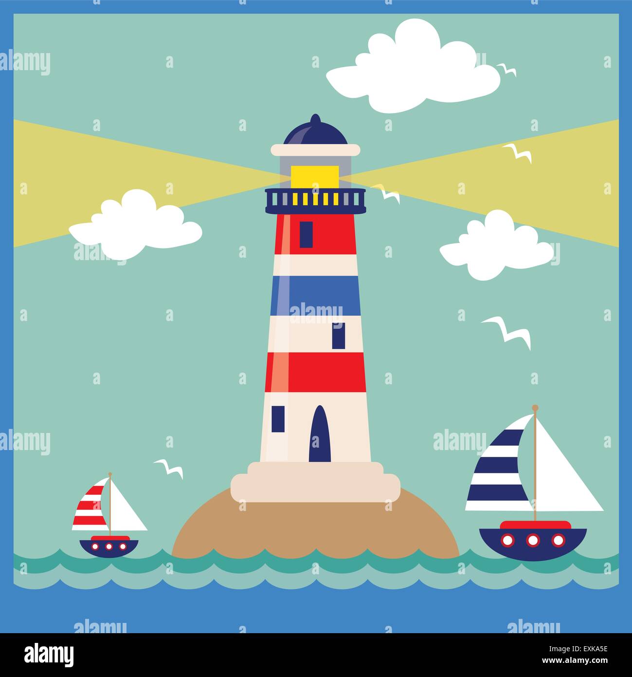 Leuchtturm, Meer, Yacht, Landschaft, Vektor, Cartoon, illustration Stock Vektor