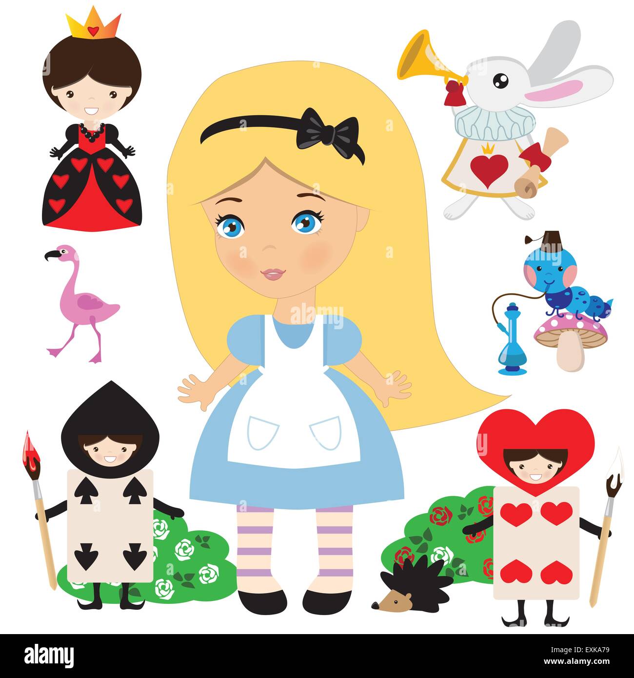 Alice im Wunderland Queen of Hearts weißes Kaninchen Flamingo Cheshire Katze Mädchen blonde süße lustige Cartoon Vektorgrafik Stock Vektor