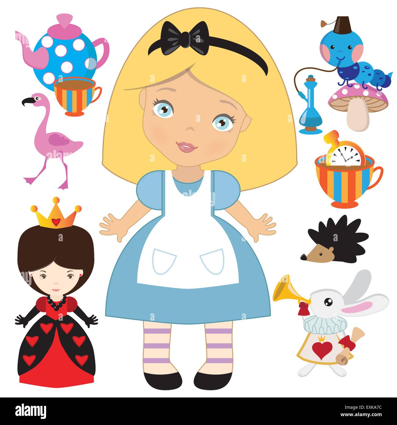 Alice im Wunderland, Queen of Hearts, weißes Kaninchen, Flamingo, Mädchen, blond, nett, lustig, Vektor, Cartoon, Illustration, Raupe Stock Vektor