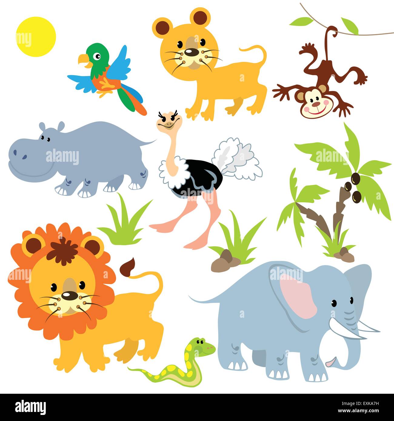 Löwe, Löwin, Elefant, Papagei, Palme, Nilpferd, Affe, niedlich, Tier, Dschungeltier, lustig, Vektor, Cartoon, Illustration Stock Vektor