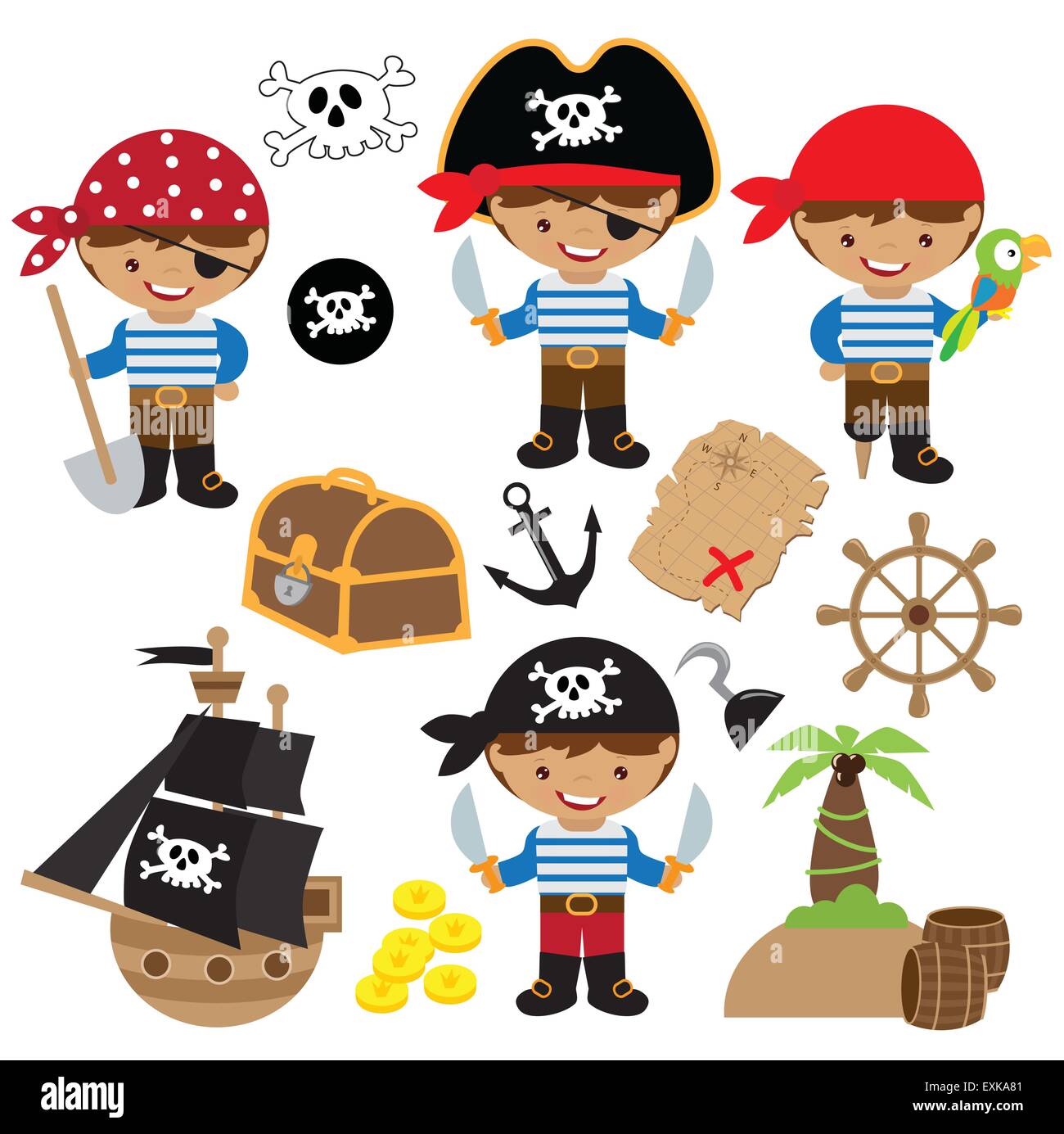 Pirat, junge, Piratenschiff, Schatztruhe, Insel, Palme, Karte, Schädel, Jolly Roger, Papagei Stock Vektor