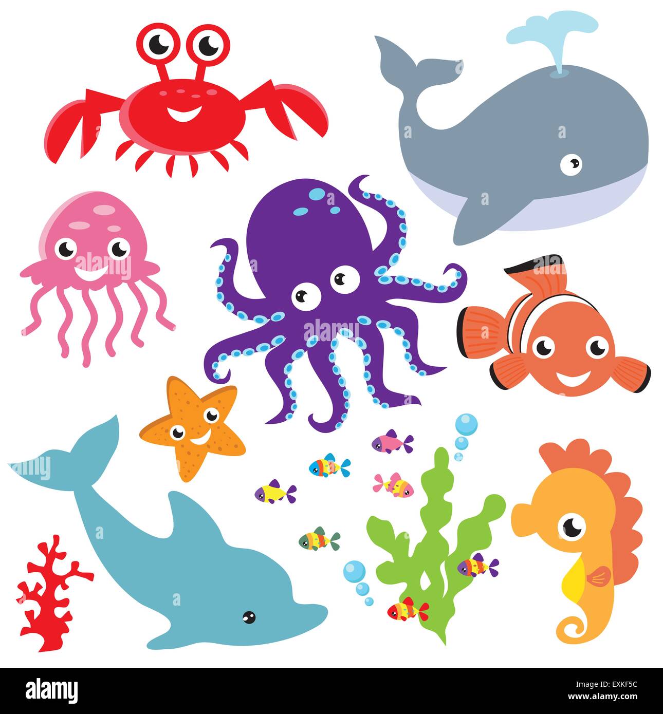 Meer Tier, Seepferdchen, Quallen, Krebse, Vektor, Cartoon, illustration Stock Vektor