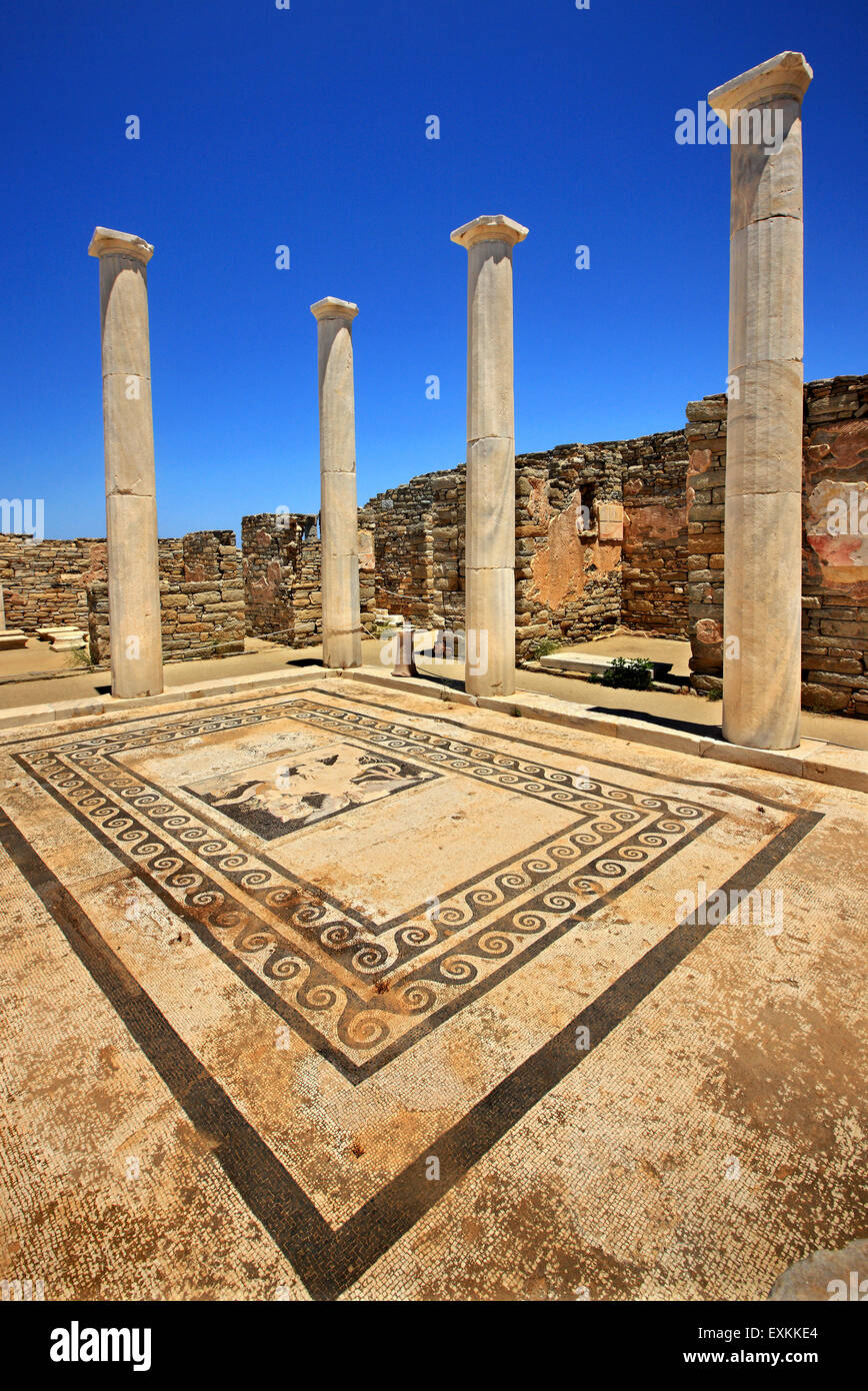 Das "Haus des Dionysos" in der archäologischen Stätte von der "Heilige" Insel Delos. Kykladen, Griechenland. Stockfoto