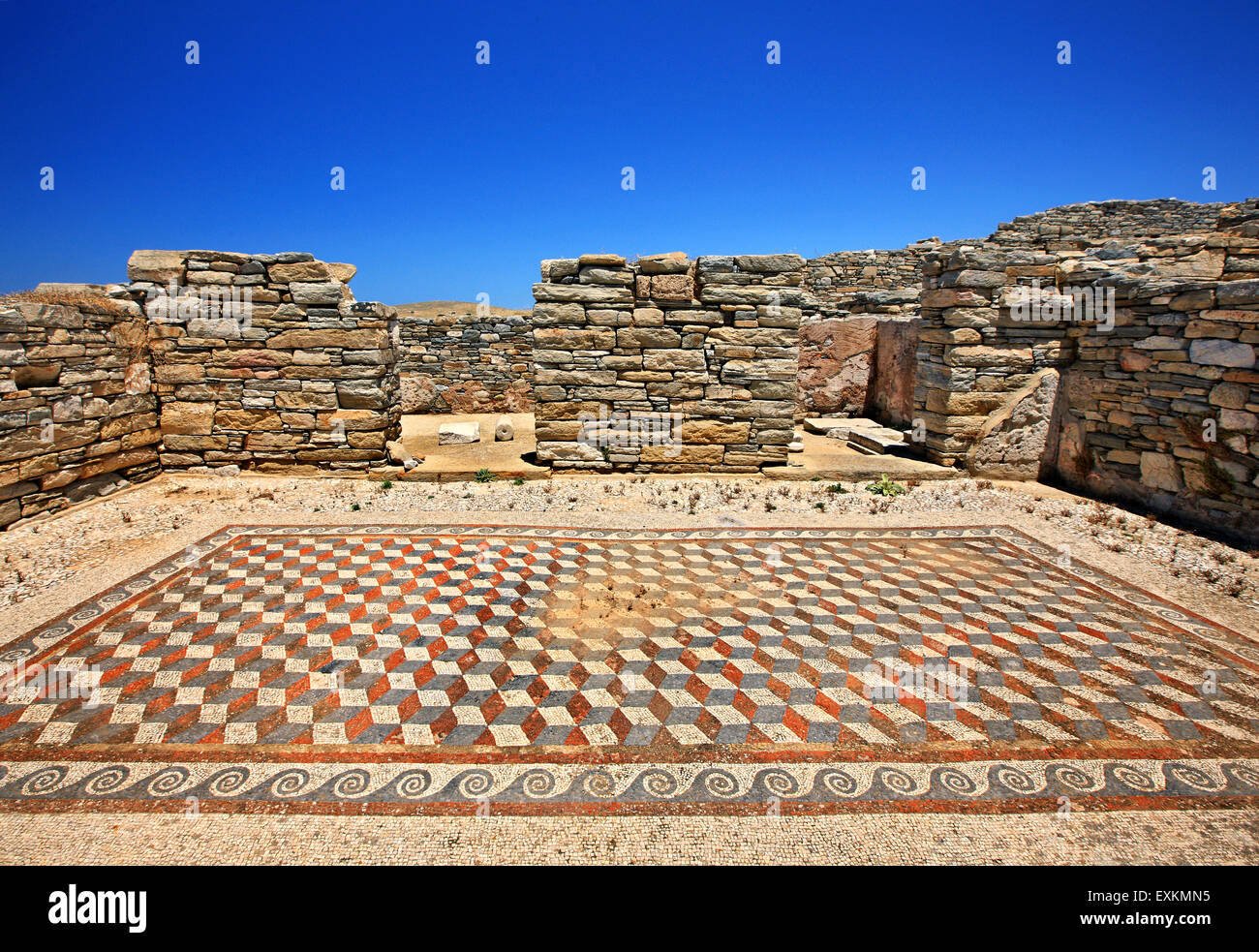 Beeindruckenden Mosaiken in der archäologischen Stätte von der "Heilige" Insel Delos. Kykladen, Griechenland. Stockfoto