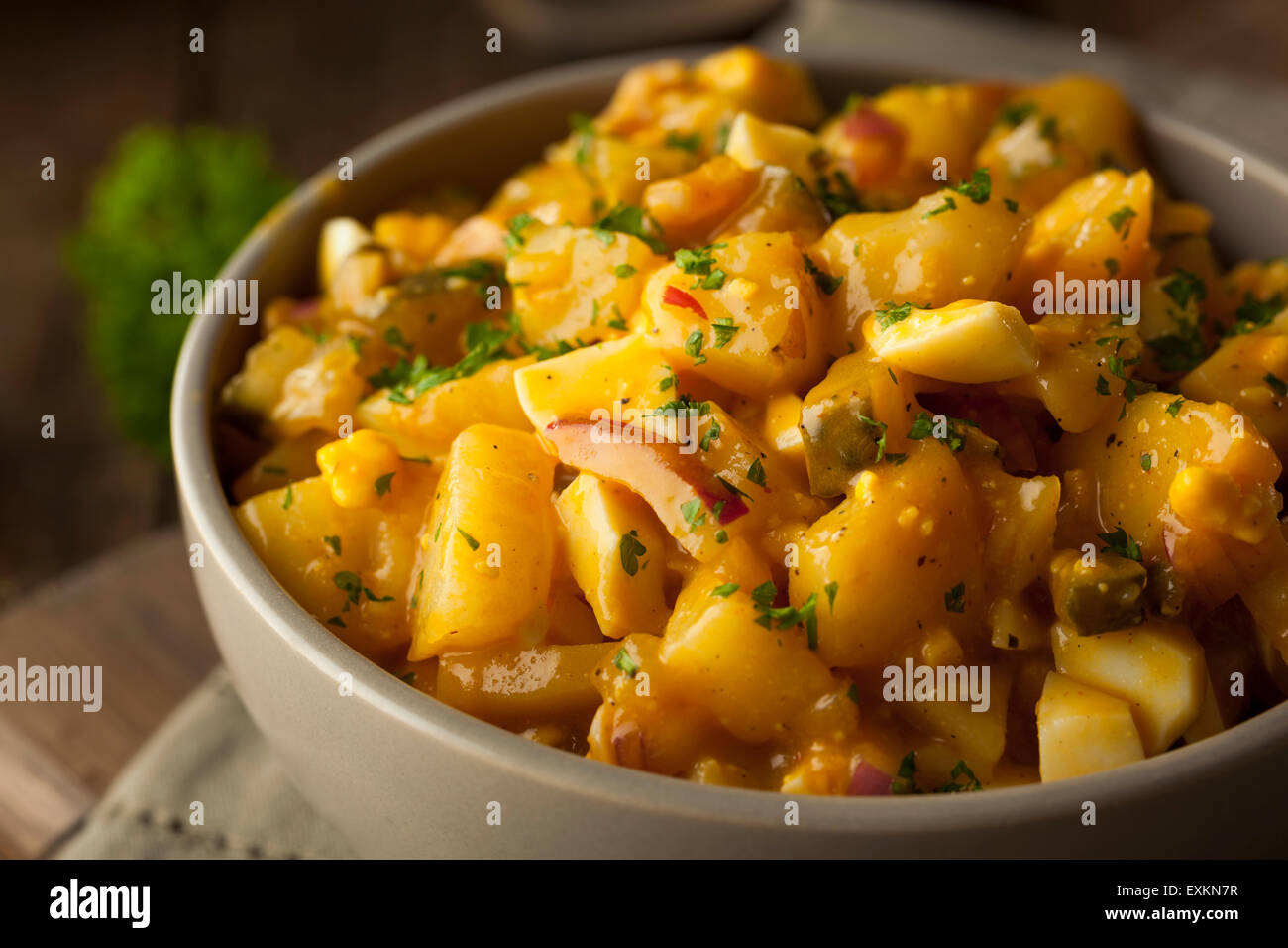 Barbecue-Sauce-Kartoffel-Salat mit Ei und Zwiebeln Stockfoto