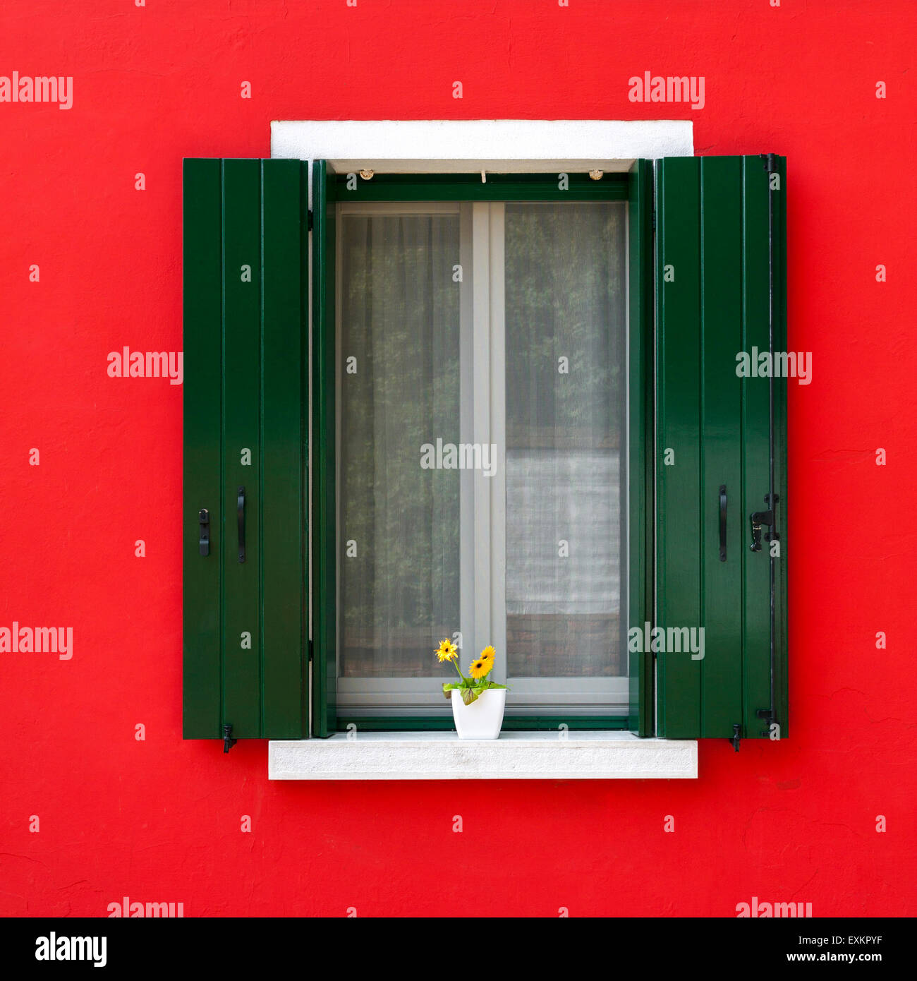 Bunte Fenster mit Fensterläden und Blumenkästen auf der venezianischen Insel Burano Stockfoto