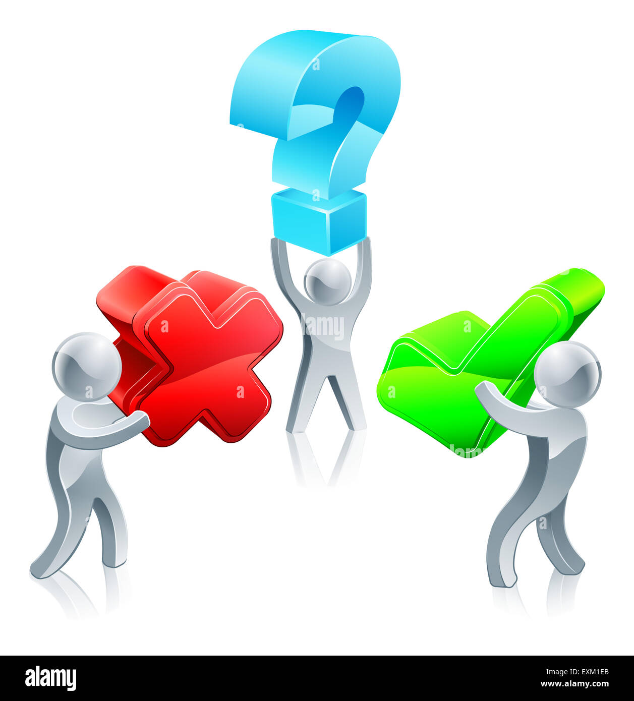 Richtig und falsch oder Entscheidung Frage Konzept von drei Menschen, halten, Fragezeichen, Tick und Kreuz Symbole Stockfoto