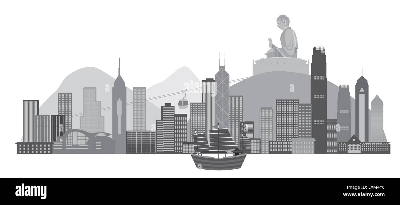 Skyline von Hong Kong und Big Buddha Statue Panorama Graustufen isoliert auf weißem Hintergrund Illustration Stockfoto