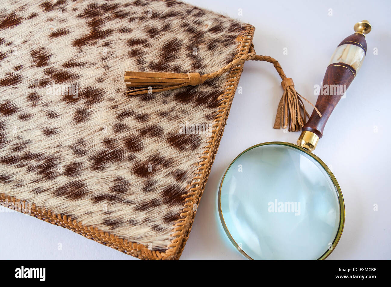 Ledermappe und Lupe auf weißem Hintergrund Stockfoto