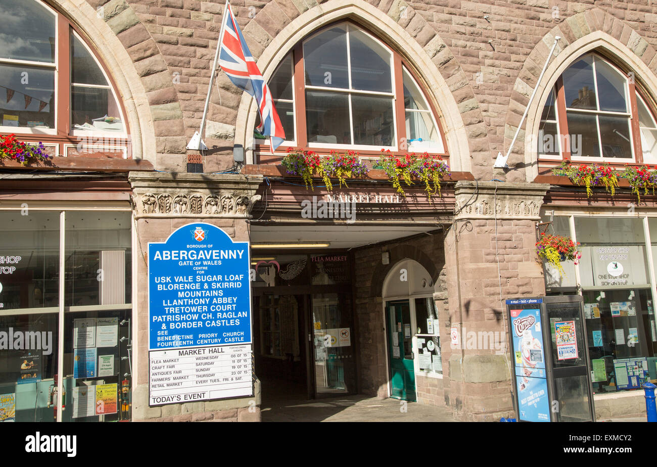 Eingang zur Markthalle bauen, Abergavenny, Monmouthshire, South Wales, UK Stockfoto