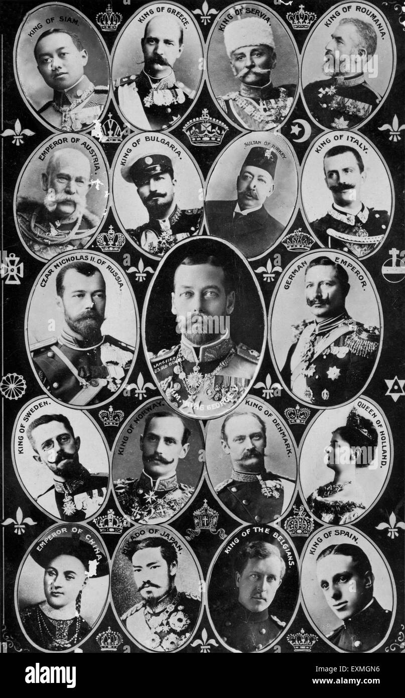 Porträts der Herrschenden, König von griechenland, König von servia, König von rumänien, Kaiser von österreich, König von bulgarien, König von italien, deutscher Kaiser, König von schweden, König von dänemark, Königin von holland, Kaiser von china, König von spanien, König von belgien, König von norwegen, zar nikolaus von russland, Stockfoto