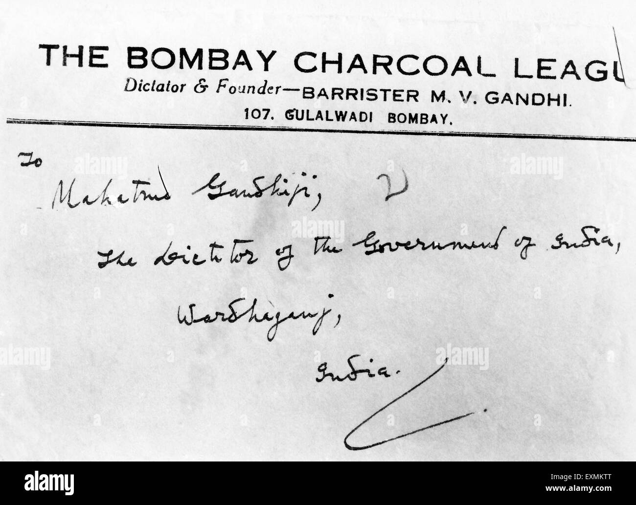 Tragen die Adresse des Mahatma Gandhi Briefkopf; der Diktator der Regierung von Indien; Wardhaganj Stockfoto