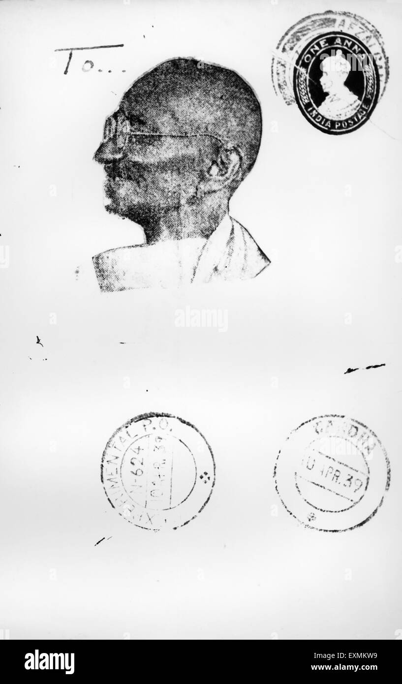 Einen Umschlag an Mahatma Gandhi aus Großbritannien zeigen eine gezeichnete Porträt von Mahatma Gandhi anstelle einer Adresse gesendet Stockfoto
