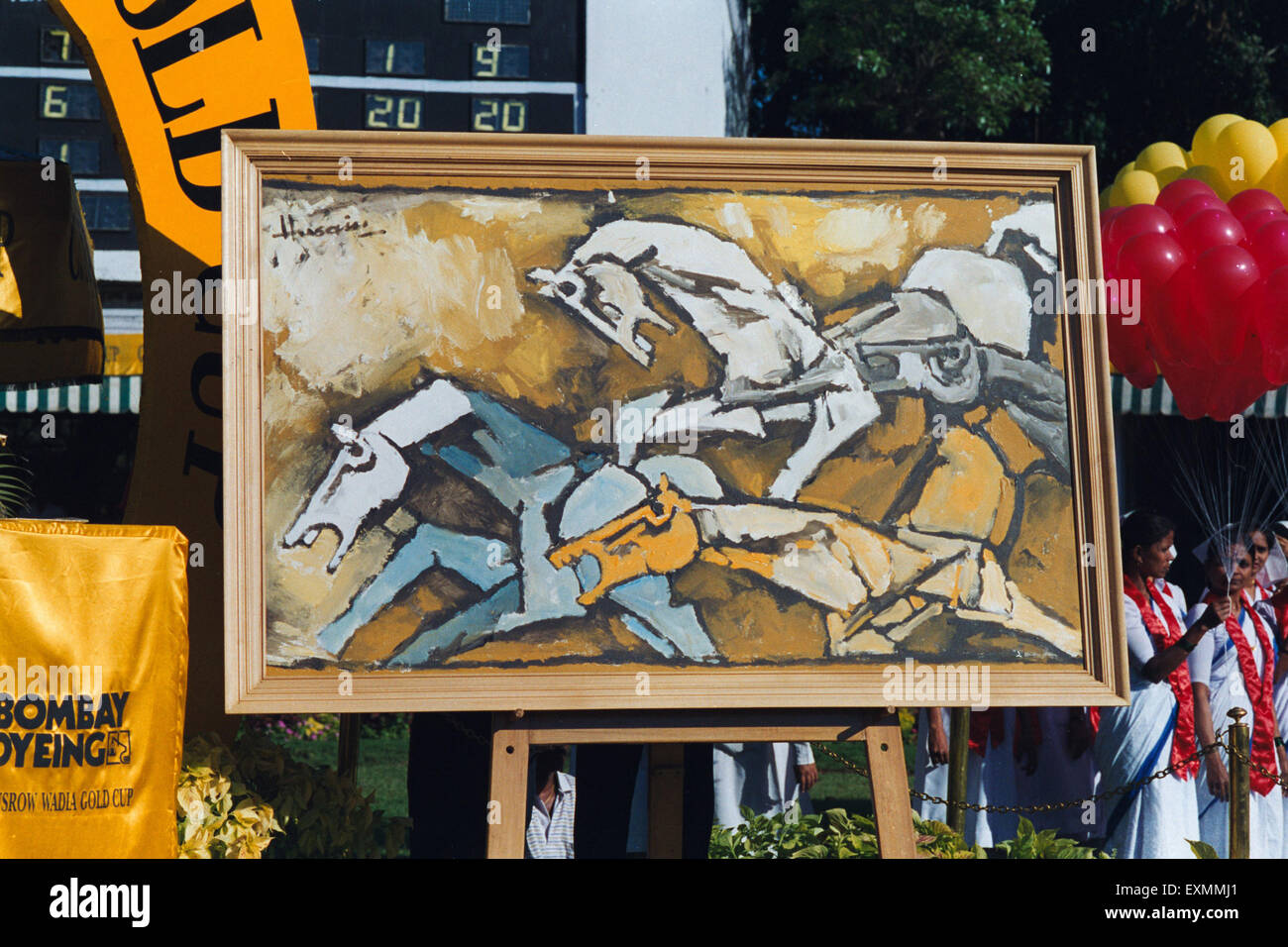 Auktion der Malerei von maqbool Fida Husain allgemein bekannt als MF Husain für AIDS-Aufklärungskampagne an mahalaxmi Rennstrecke Mumbai, Indien Stockfoto
