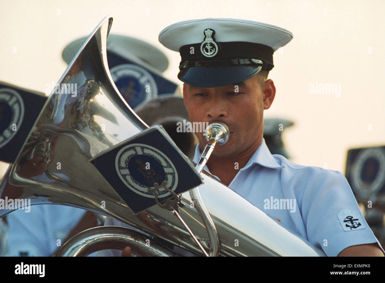 Navy Day Feier Band Trompete Gateway of India Bombay Mumbai Maharashtra, Indien Stockfoto