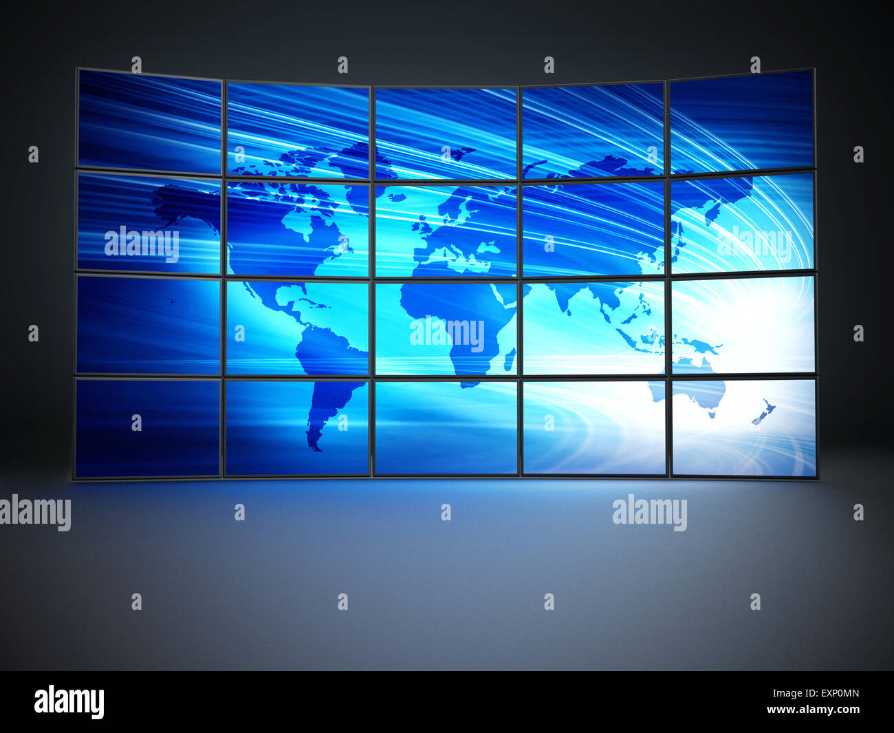 Bildschirme mit einer blauen Weltkarte bilden Videowand Stockfoto
